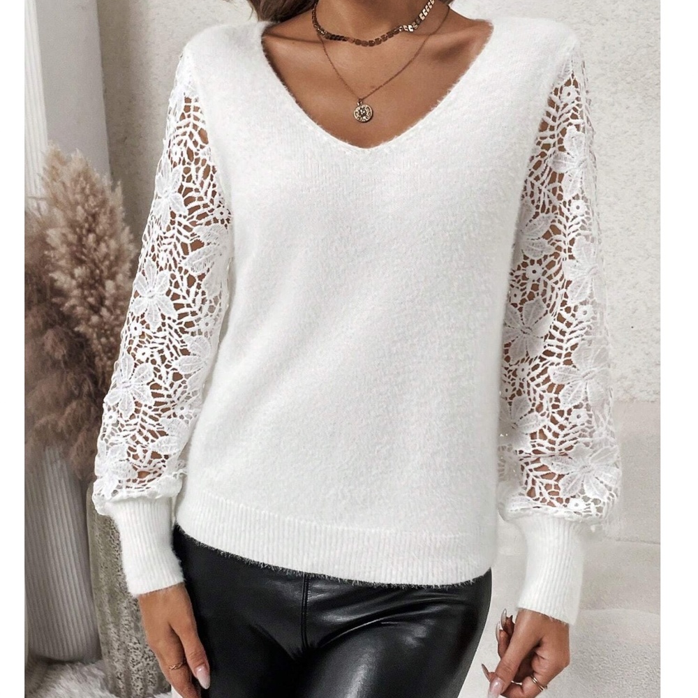 Romantic Floral Lace Sheer Long sleeve Fuzzy Sweater - Picture 4 of 5